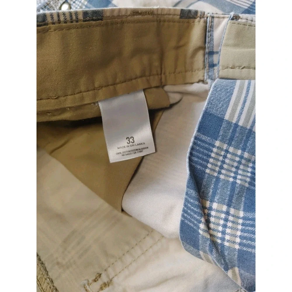 Old Navy Y2K Plaid Chino Shorts Men's 33 Summer Flat Front Blue Beige Stripes